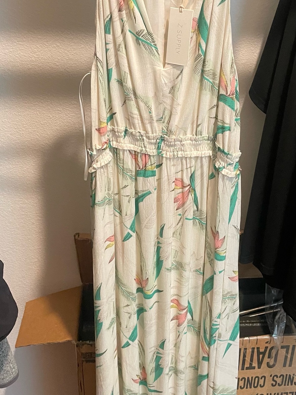 Z Supply Cream Maxi Dress with Green Leaf and Pink Floral Detail